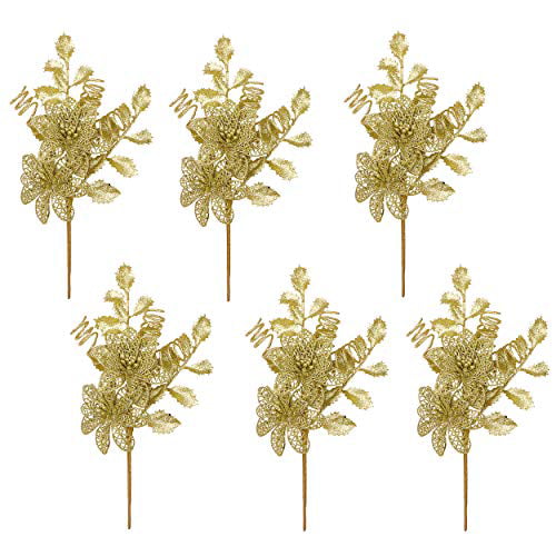 Valery Madelyn 6 Pcs Gold Glitter Christmas Picks with Artificial Flowers and Leaves for Christmas Decor,Christmas Tree Flower Arrangements Wreaths and Holiday Decorations-13inch 